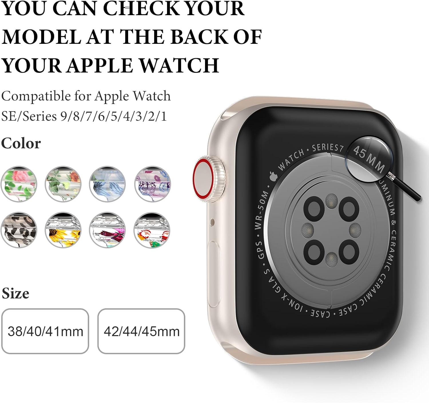DABAOZA Compatible con Apple Watch Band transparente de 1.496 pulgadas, 1.575 pulgadas, 1.614 pulgadas, 1.654 pulgadas, 1.732 pulgadas, 1.772