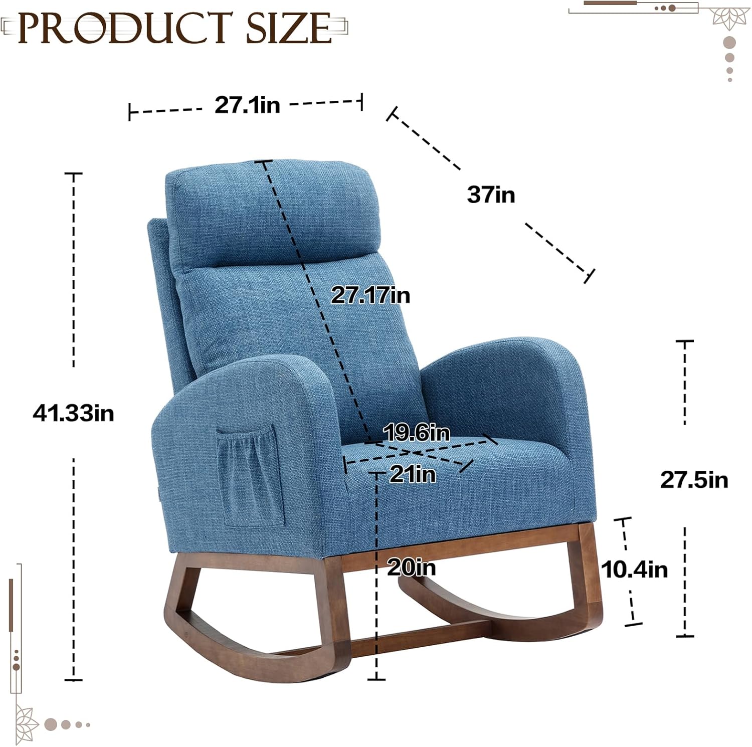 Obuvar Mecedora tapizada para guardería, mecedora Accent Glider con bolsillo lateral, cómoda silla con respaldo alto y reposacabezas, planeador de