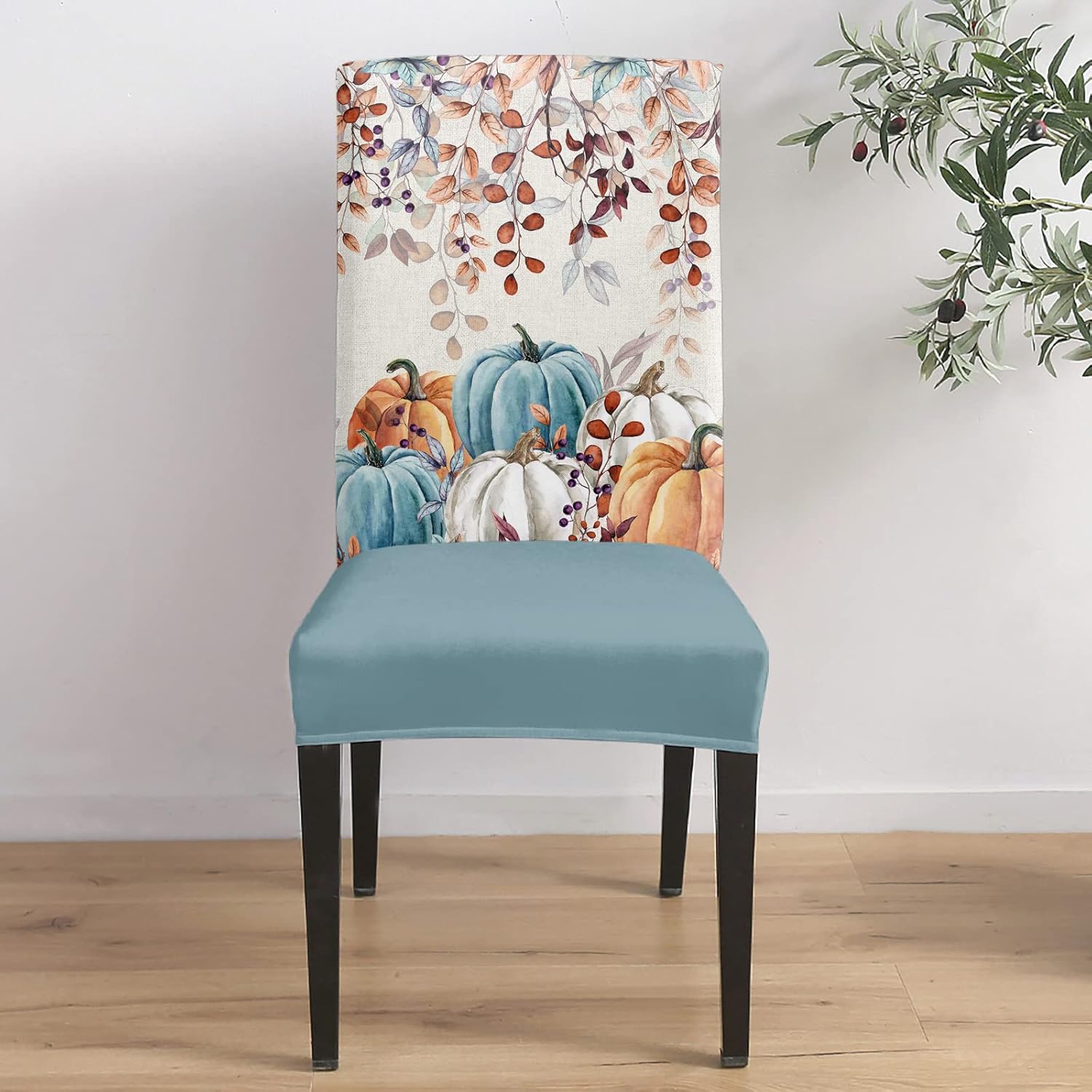 Juego de 6 fundas para silla, diseño retro otoñal, naranja, blanco, azul, cosecha, hojas de calabaza, fundas elásticas extraíbles para sillas Parson