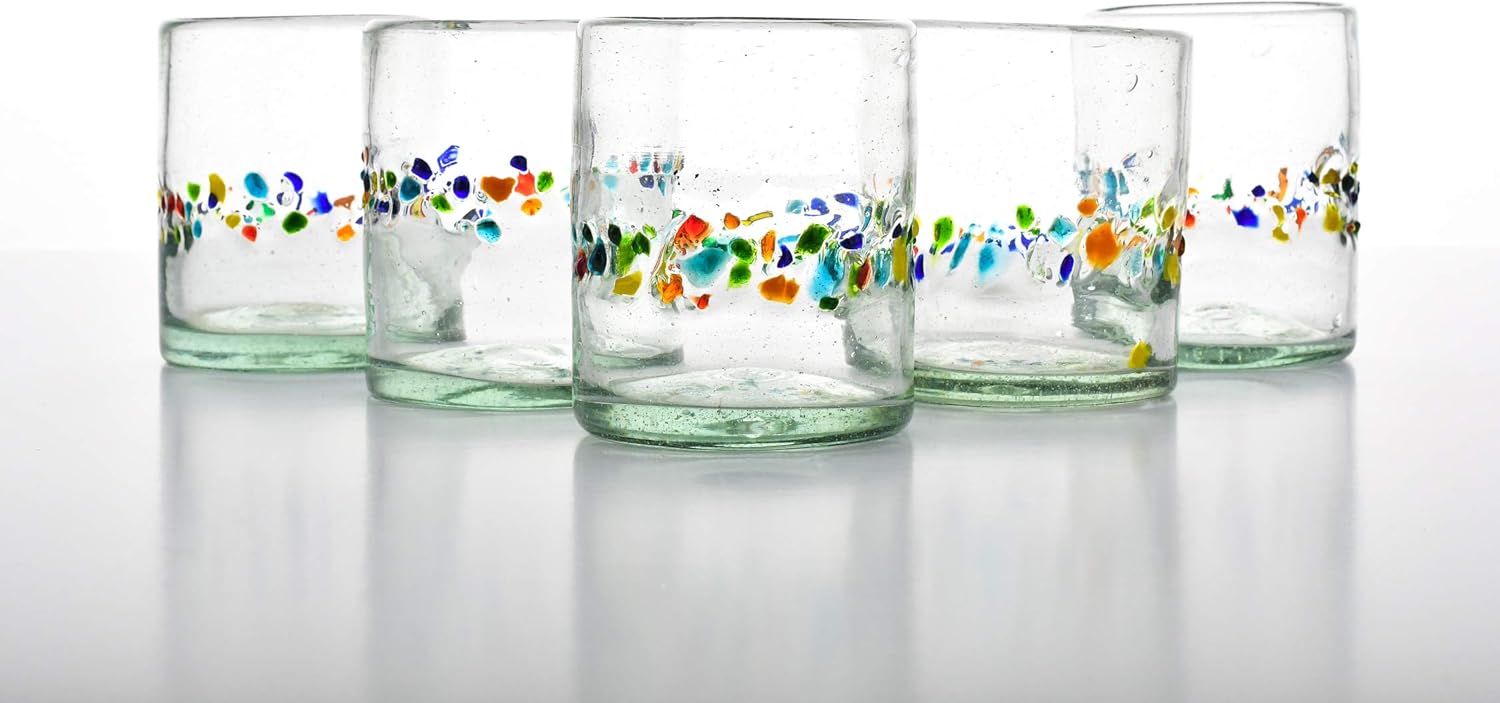 Tutti Frutti – Vaso corto multiusos de 12 onzas, juego de 6, cristalería mexicana hecha a mano por Orion, soplado a mano, colores vibrantes, grado