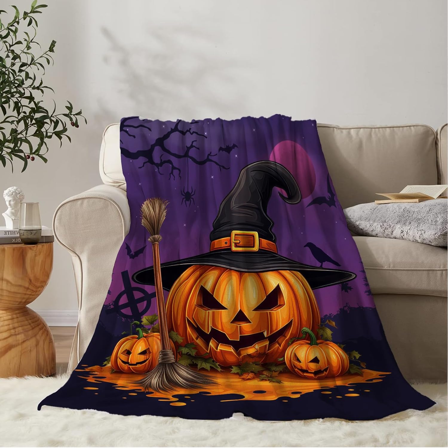 YeeJu Manta de Halloween tamaño individual, manta de bruja morada con calabaza para sofá, cama, sala de estar, al aire libre, acogedora, suave,