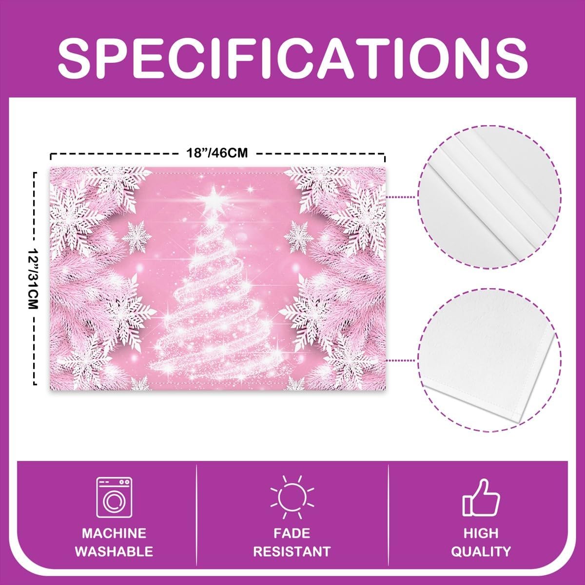 Juego de 4 manteles individuales con diseño de árbol de Navidad, diseño de copo de nieve rosa, para mujer, con purpurina, decoración de mesa de