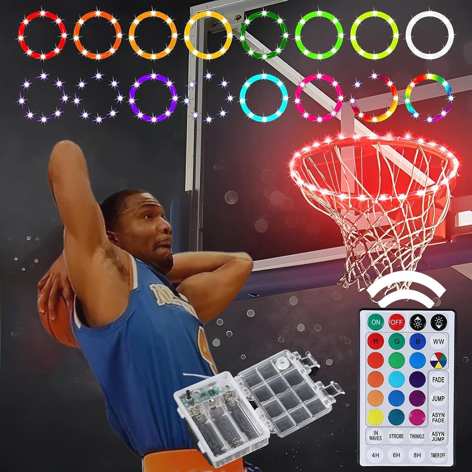 Luz LED de aro de baloncesto con control remoto para borde de baloncesto, luz LED, 17 colores, impermeable, para jugar al aire libre por la noche,