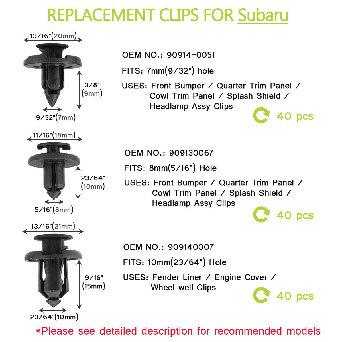 0.276 in, 0.315 in, 0.394 in, compatible con clips de retención de empuje Subaru  Más fuerte que el original OEM, 120 clips de remache de sujeción