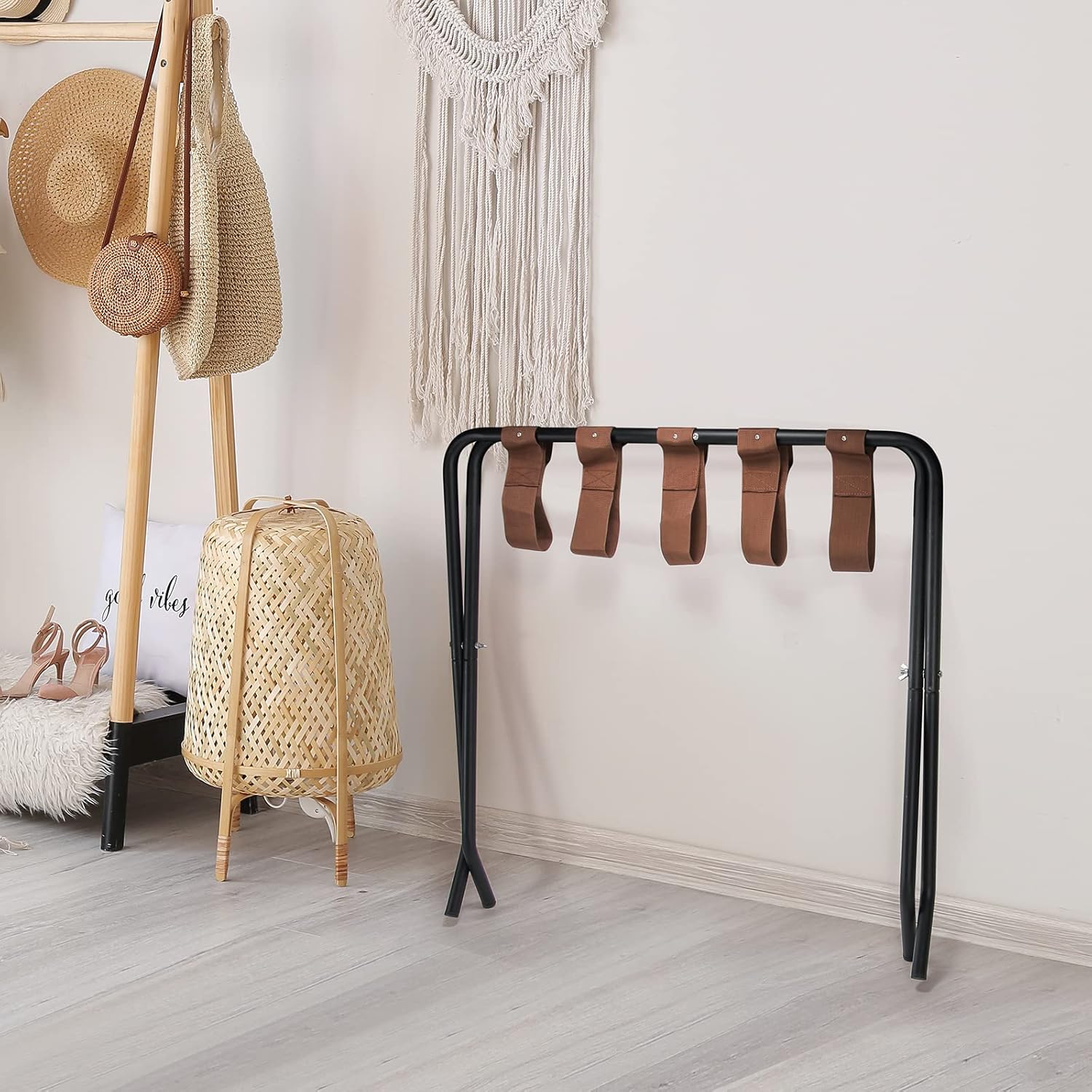 OFIDELITY Estante de equipaje, 1 unidad, estante plegable de metal para maleta con correas de nailon marrón y marco de acero, habitación de