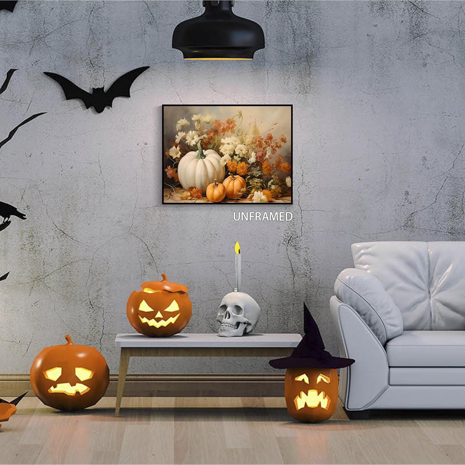 Wodkodnxy Lienzo decorativo para pared de otoño de granja, calabazas blancas y naranjas, cuadros de pintura de naturaleza muerta, carteles rústicos