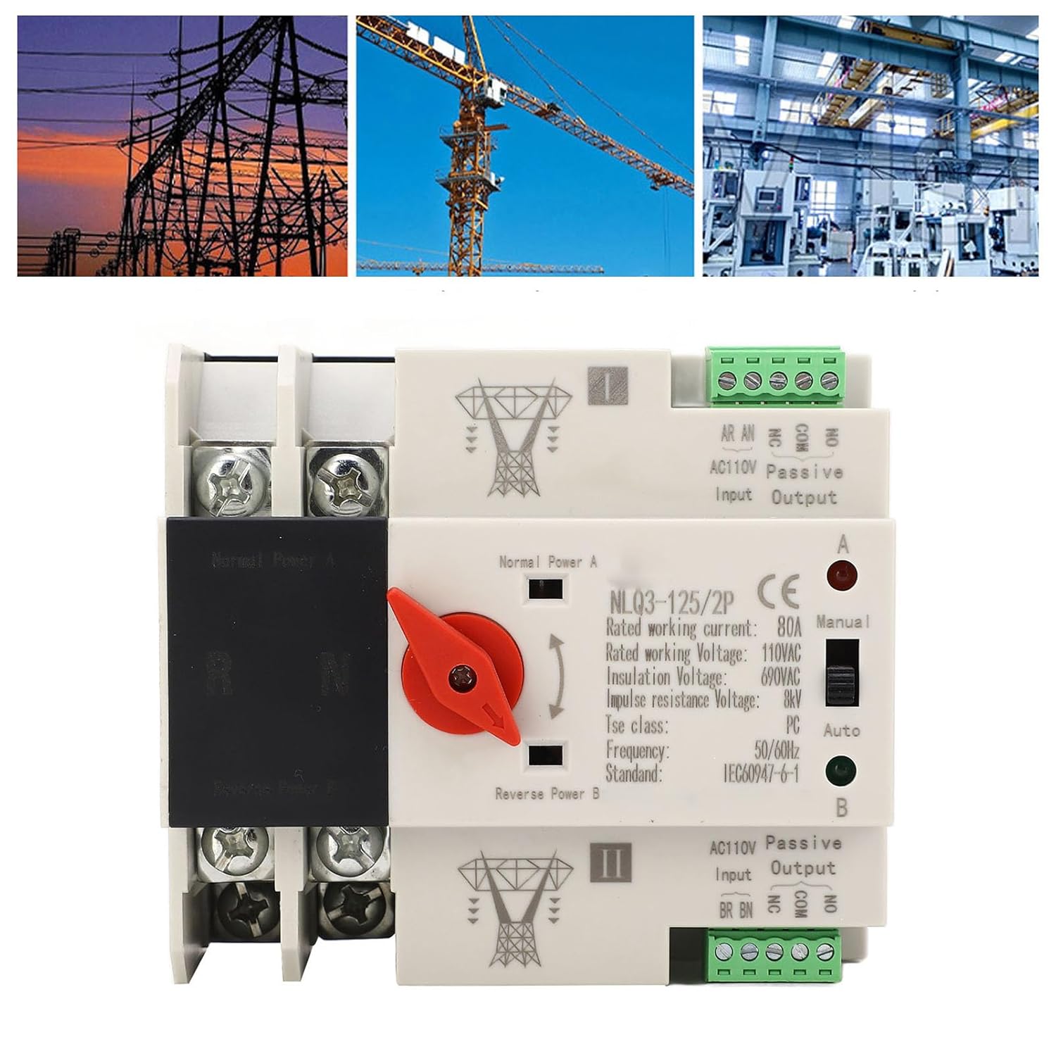 Interruptor de transferencia automática, larga vida útil AC110V 80A ignífugo anti envejecimiento interruptor de transferencia automática de doble