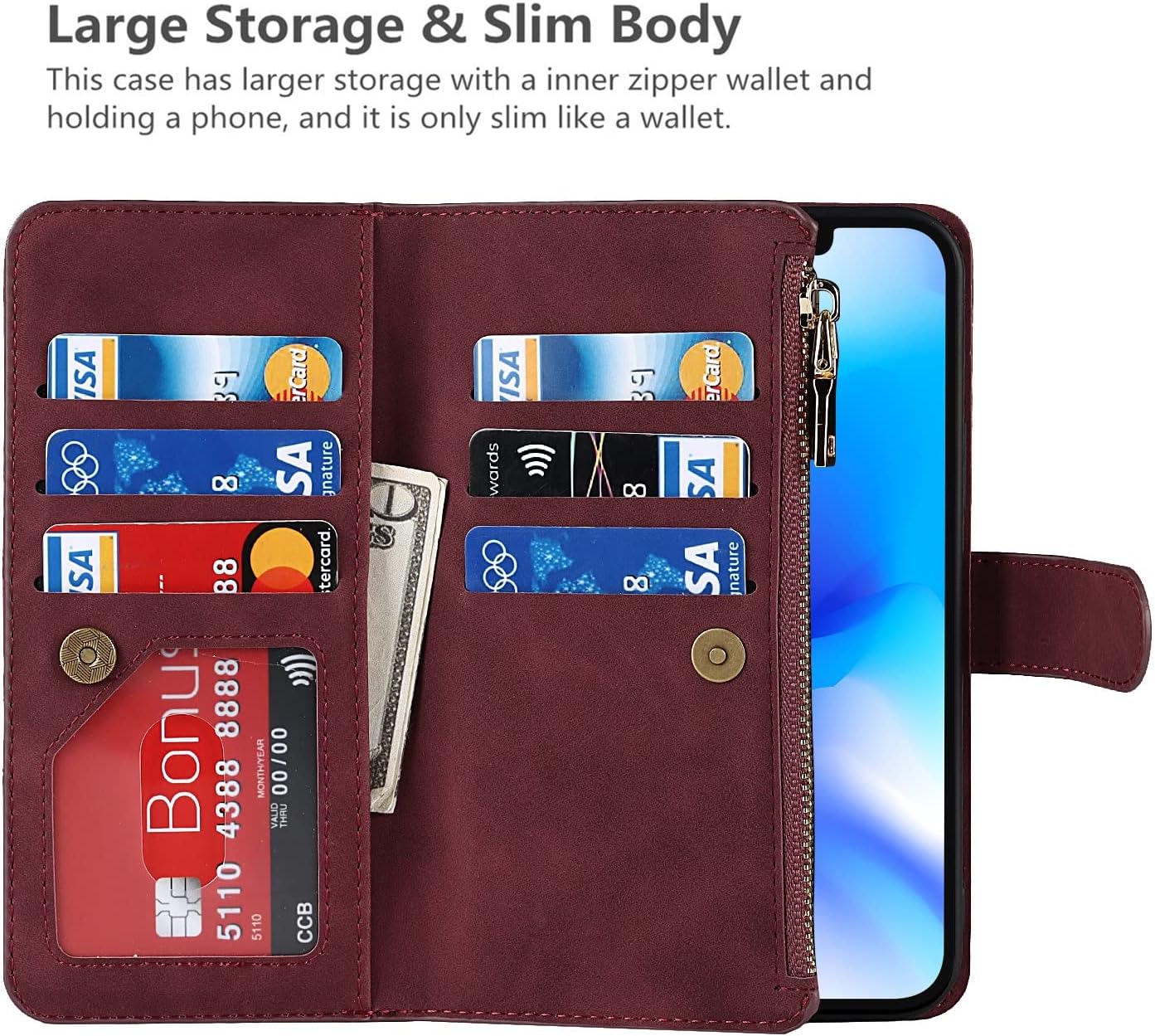 iCoverCase Funda tipo cartera para iPhone 14 con tarjetero y cordón cruzado ajustable, ranuras para tarjetas de piel sintética (no desmontable),