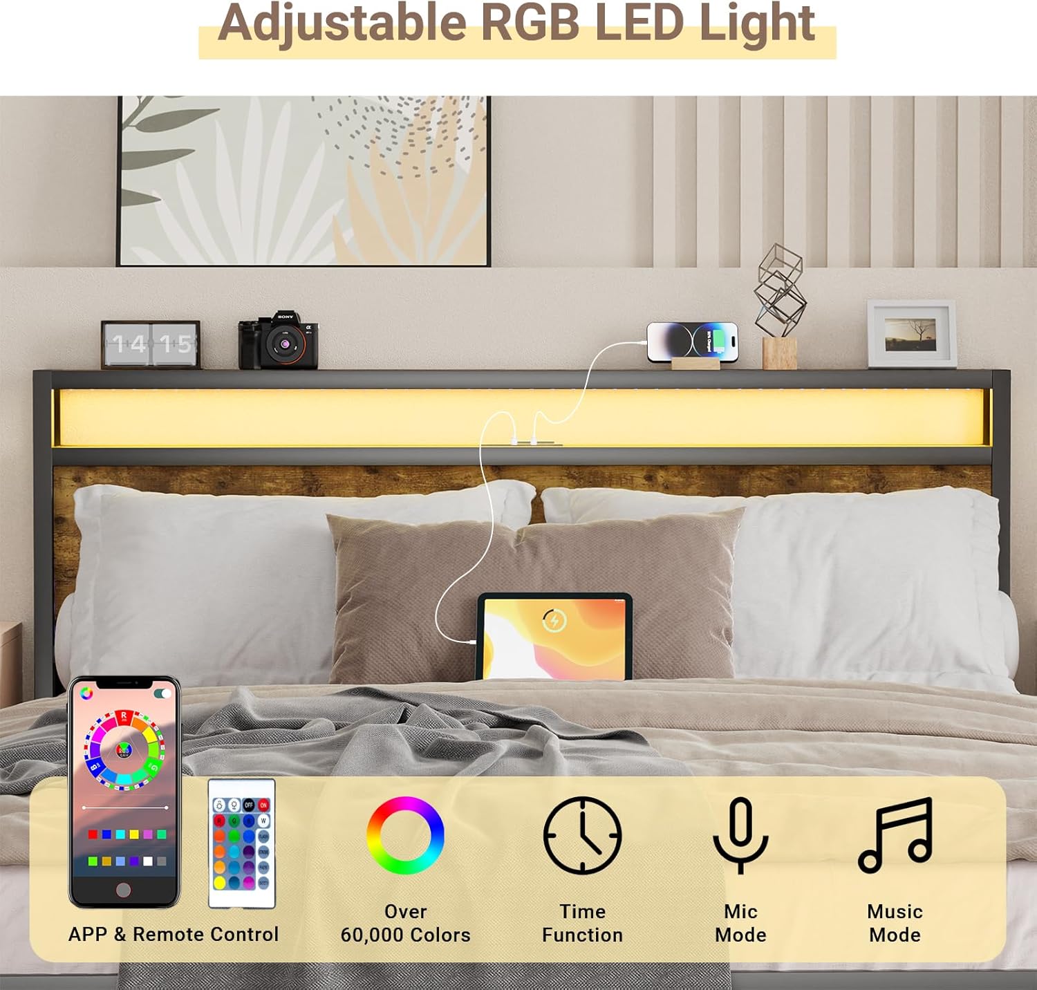 Zevemomo Base de cama Queen con control remoto y control por aplicación, luces LED RGB, marco de cama de plataforma tamaño Queen con cabecera de