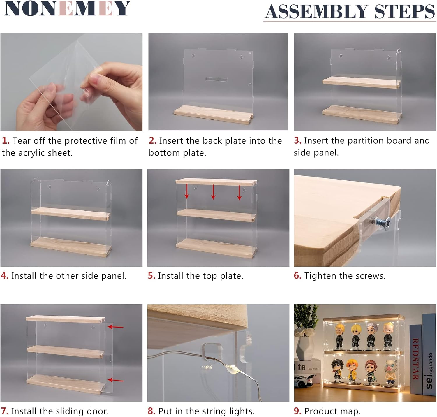 NONEMEY Soporte de acrílico transparente con base de madera de 2 niveles, 3 niveles, 1224 compartimentos, caja de almacenamiento de montaje en