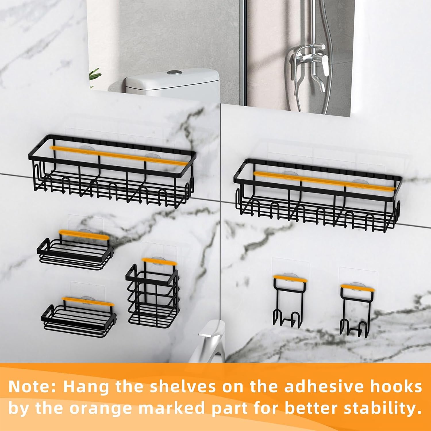 HSD Houseware Paquete de 7 organizadores de ducha adhesivos para almacenamiento de baño y cocina, estante de ducha adhesivo para ducha interior con