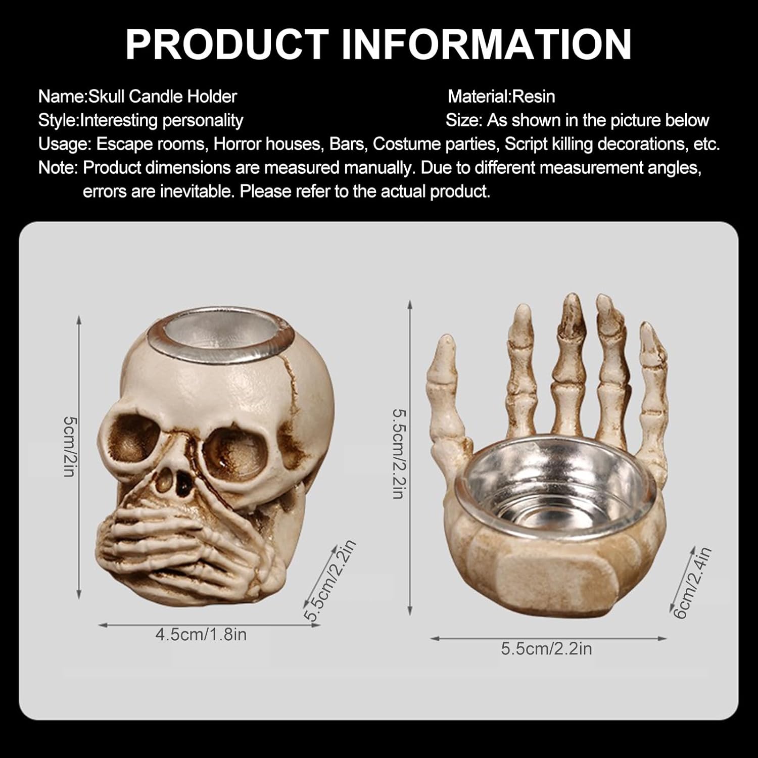 Whaline 4 portavelas de Halloween, diseño de esqueleto gótico, calavera de palma, candelabro, portavelas de resina para el hogar, mesa, temática
