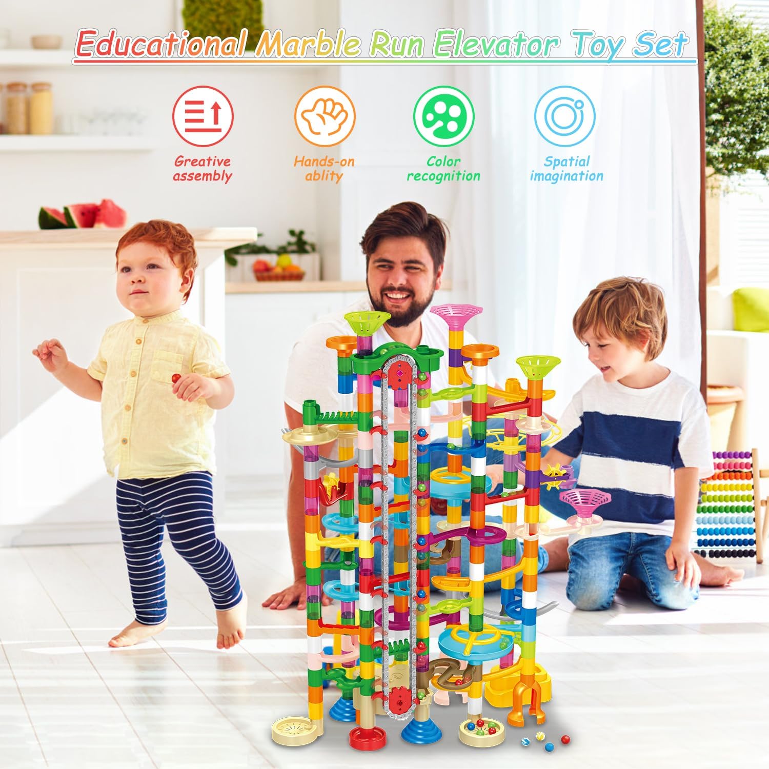 Marble Run con elevador motorizado, 310 piezas de bloques de construcción de juegos de laberinto, juguetes con canicas de plástico brillantes de