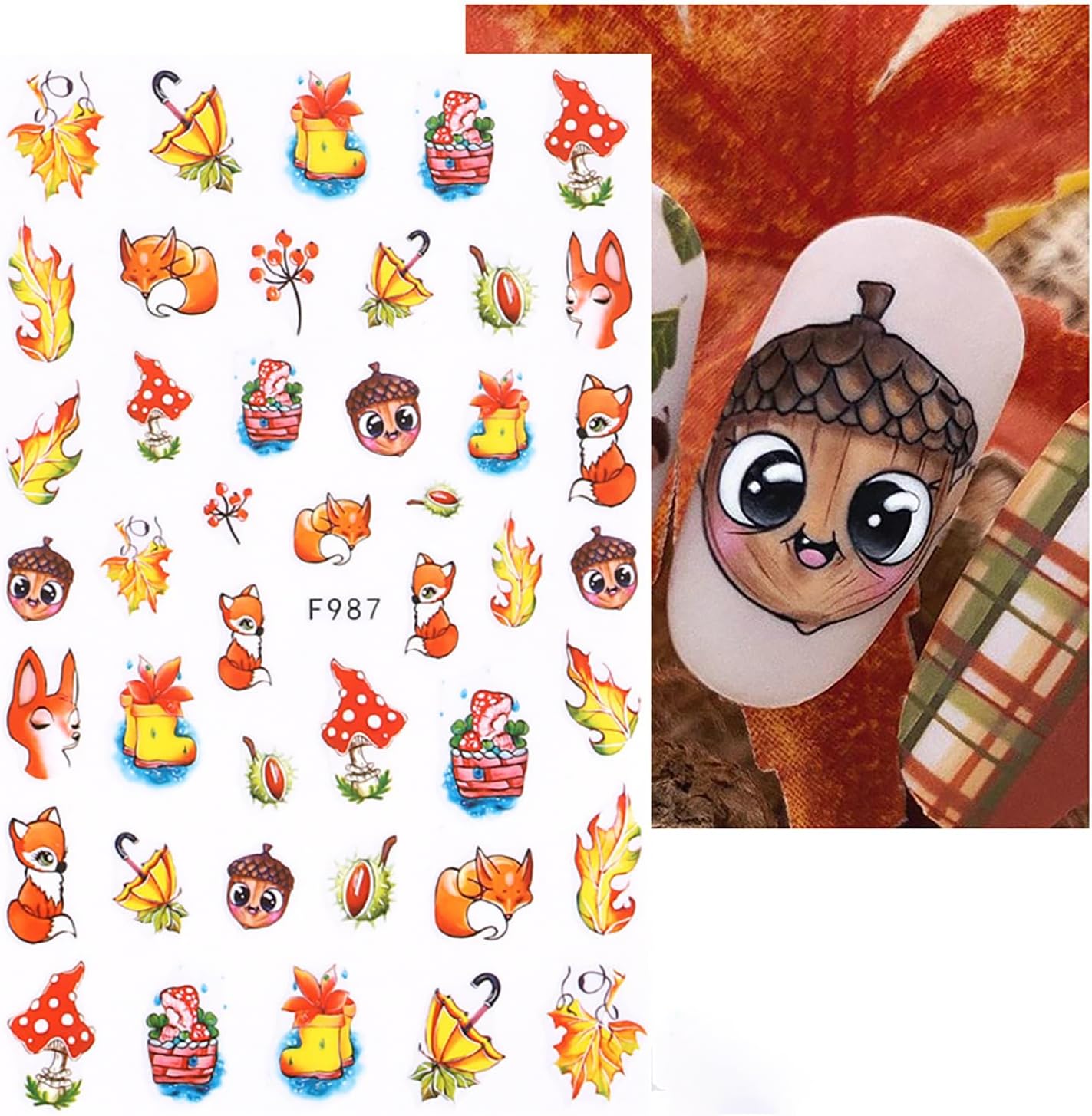 5 hojas de calcomanías de uñas de otoño, hojas de arce, ardilla, alce, grabadas en relieve, calcomanías de arte de uñas de Acción de Gracias,