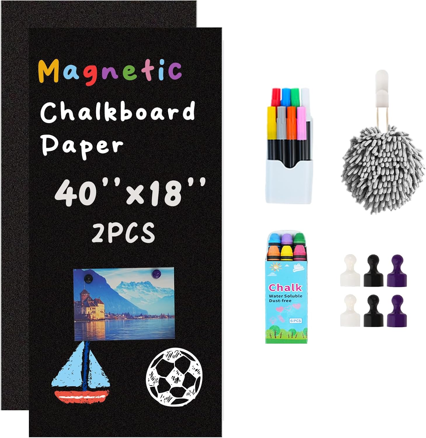 2 piezas de papel de contacto magnético de pizarra para pared de 40 x 18 pulgadas, papel tapiz autoadhesivo para pizarra, despegar y pegar, rollo de