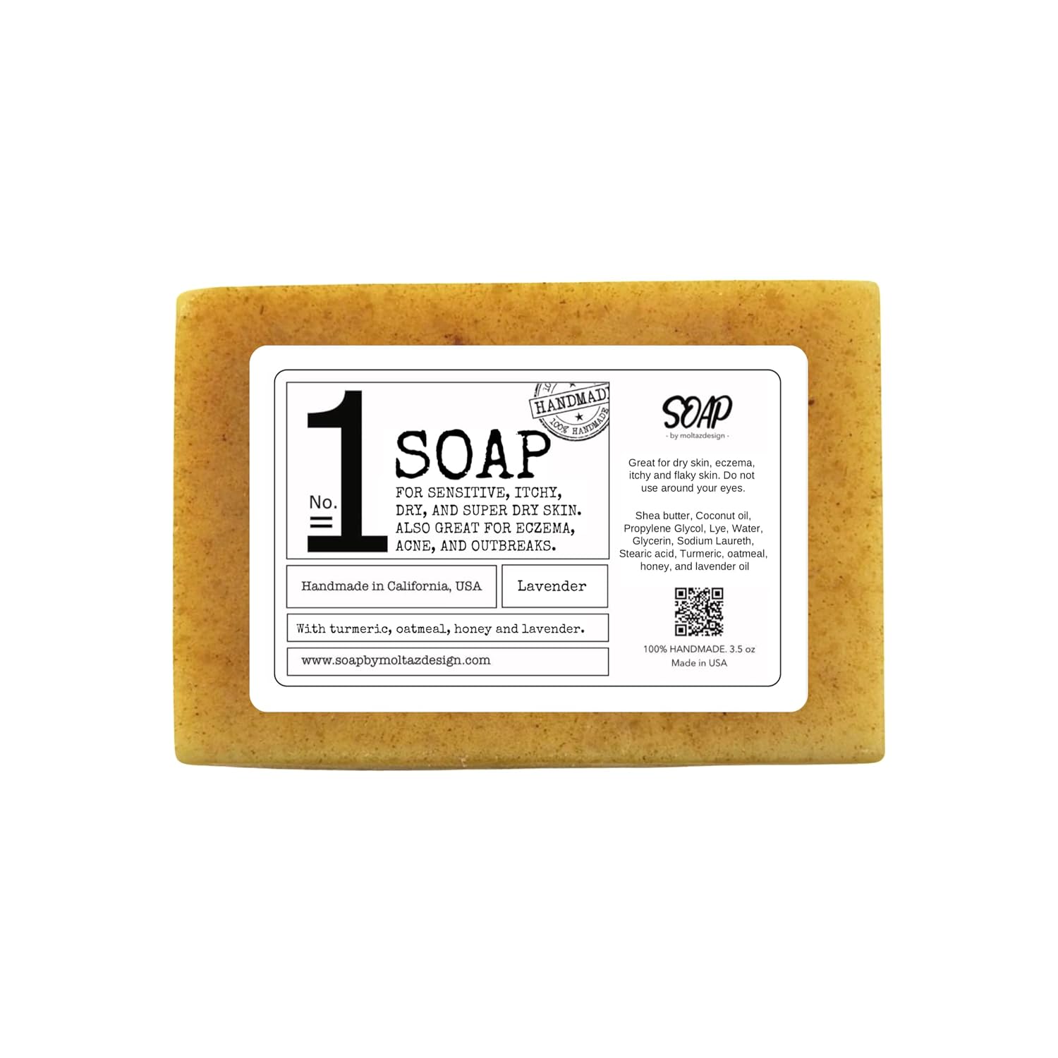 No1 Dry spot soap  3.5oz  Turmeric, Oatmeal and honey. Great for sensitive, itchy, and dry skin. Calms down itchy, red, and damaged skin. Also great