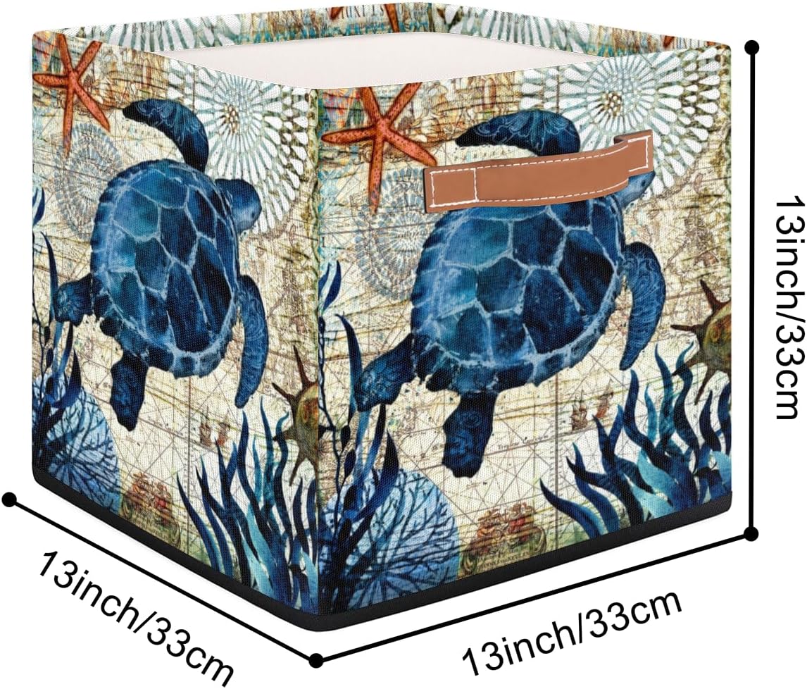 Cesta de almacenamiento de tortuga marina vintage, caja de almacenamiento plegable de tela de 13 x 13 x 13 pulgadas, cubos cuadrados con asas para