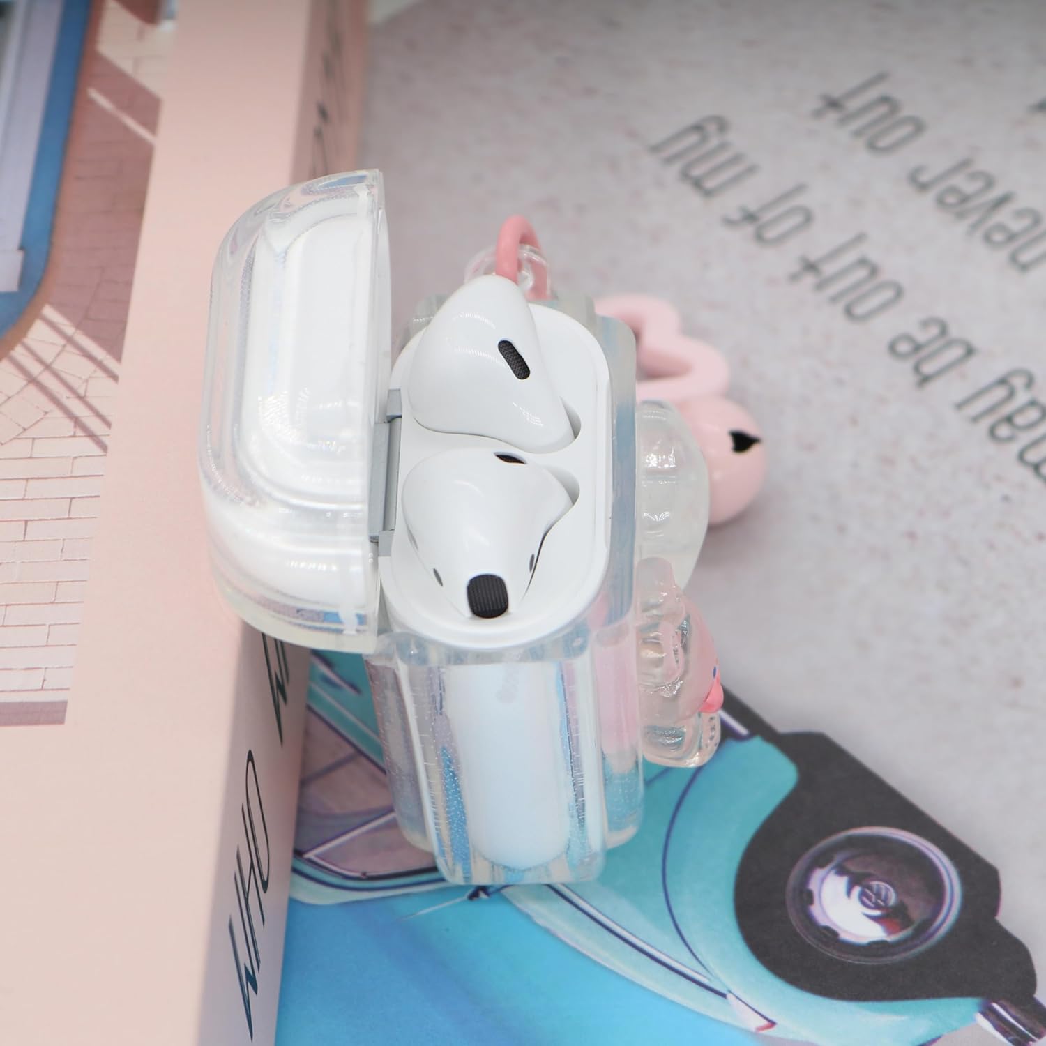 Linda funda de auriculares transparente con diseño de conejo y estrella compatible con AirPods de 2 generación