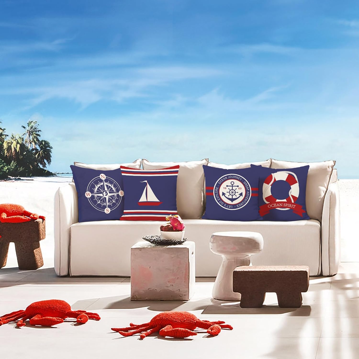 Bonhause Juego de 4 fundas de almohada de vela náutica de 18 x 18 pulgadas, de dos lados, azul marino, brújula, velero, fundas de almohada