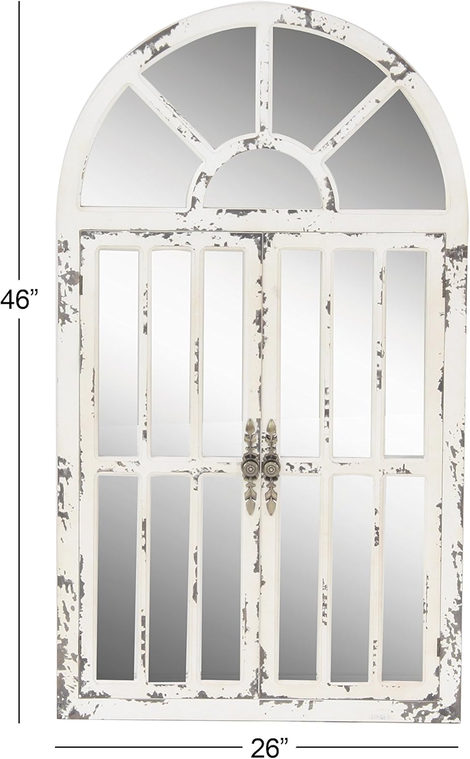 Deco 79 Espejo de pared inspirado en paneles de ventana de madera con parte superior arqueada y desgastado, 26 x 3 x 46 pulgadas, color blanco