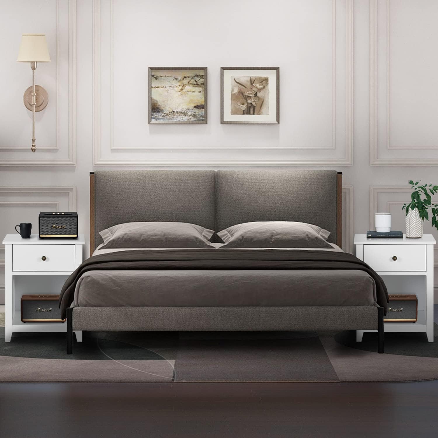 Mesita de noche para dormitorio, juego de 2 mesitas de noche blancas con cajón de almacenamiento y estante abierto, mesita de noche moderna para