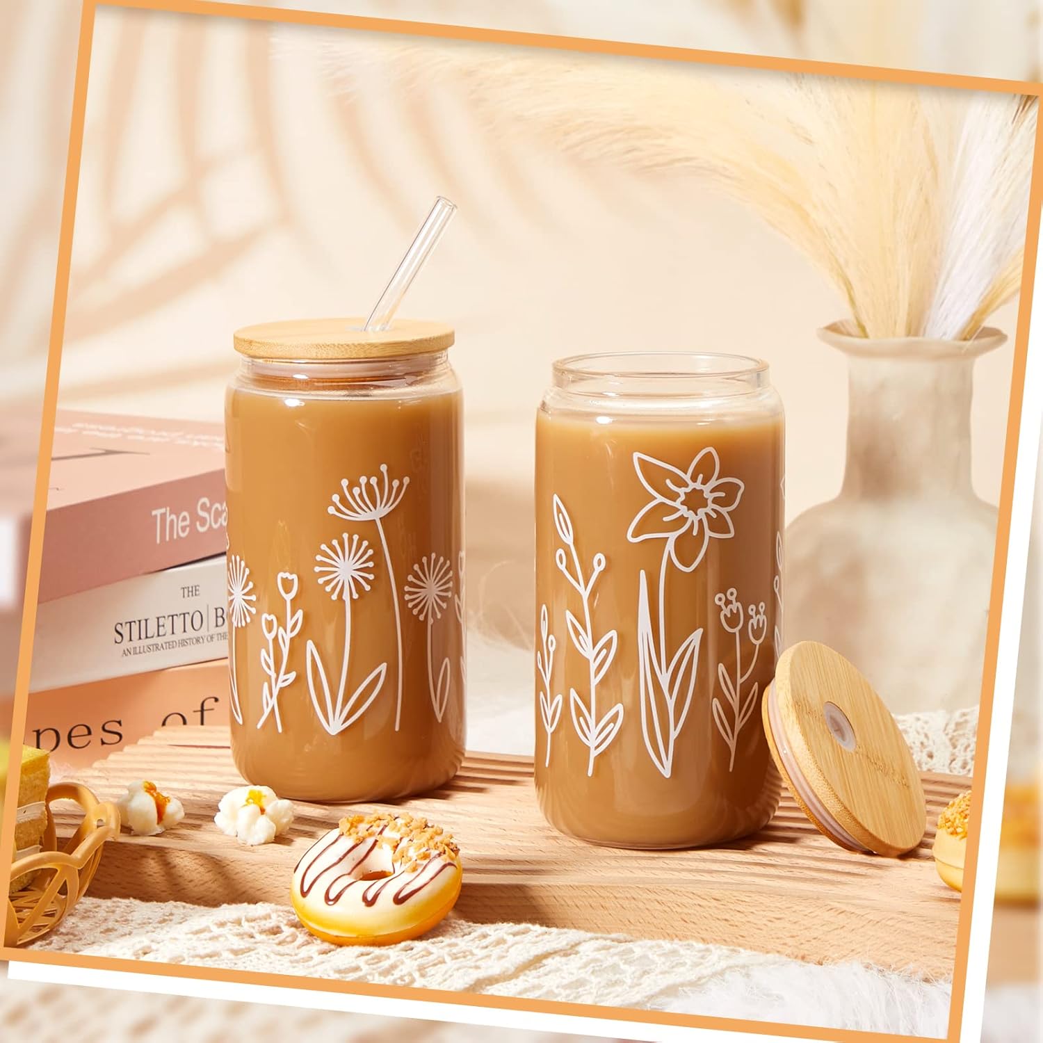Mumufy Paquete de 8 vasos de cristal para mujer, taza de dama de honor, taza de café helado estética de 16 onzas con tapa de bambú y pajita, regalo