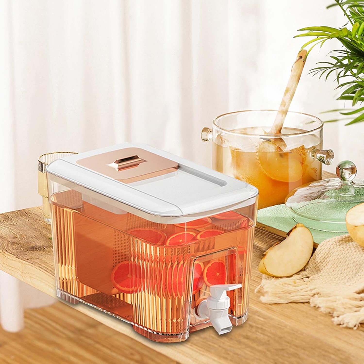 Dispensador de jugo helado de 6 litros, con tapa pequeña, dispensador de bebidas para refrigerador, soporte transparente y resistente, jarra de té