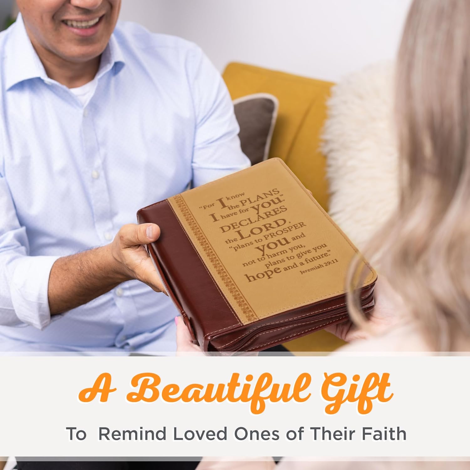 Christian Art Gifts Men’s Classic Bible Cover I Know The Plans Jeremiah 2911, BrownTan Faux Leather, XL Leather Bound