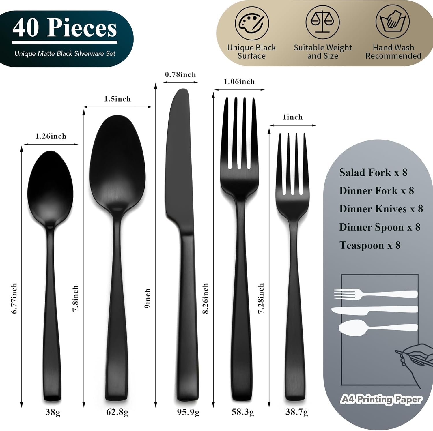 Juego de cubiertos negros mate, 40 piezas de acero inoxidable de alta calidad para 8, juego de cubiertos mate, juegos de utensilios de cocina negros