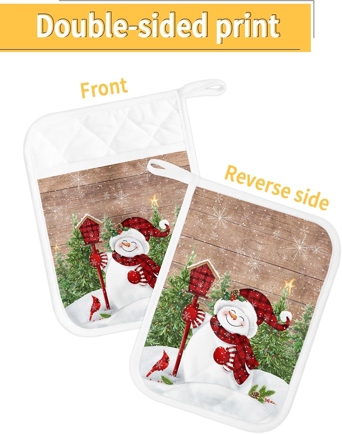 Farmhouse Snowman 2Pcs Pot Holders for Kitchen,Non Slip & Heat Insulation Terry Cloth Potholder Set with Pocket,Thick Hot Pad Oven Mitts Trivet
