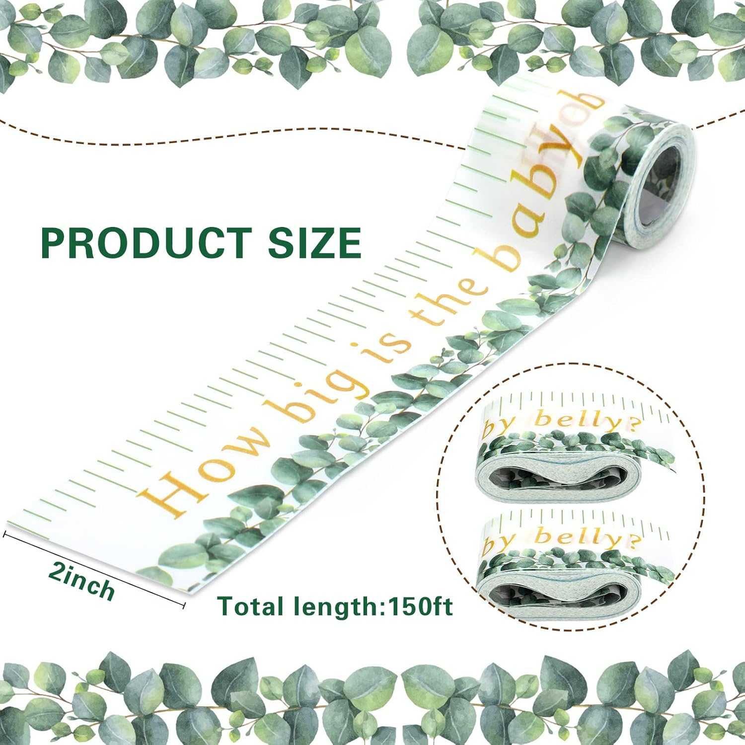 2 rollos de cinta métrica para baby shower, de 2 pulgadas x 150 pies, para medir el abdomen, juego de vientre, cinta métrica verde para baby shower,
