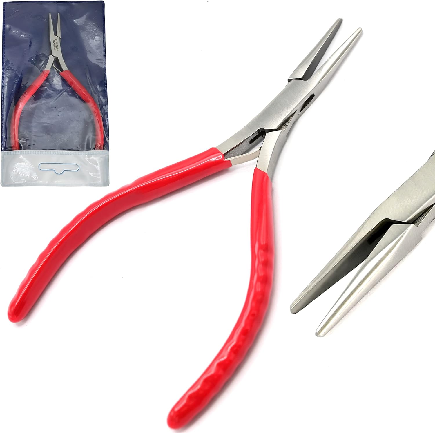 5 pulgadas mini alicates de punta larga de acero inoxidable con mango de agarre de PVC rojo – 311L