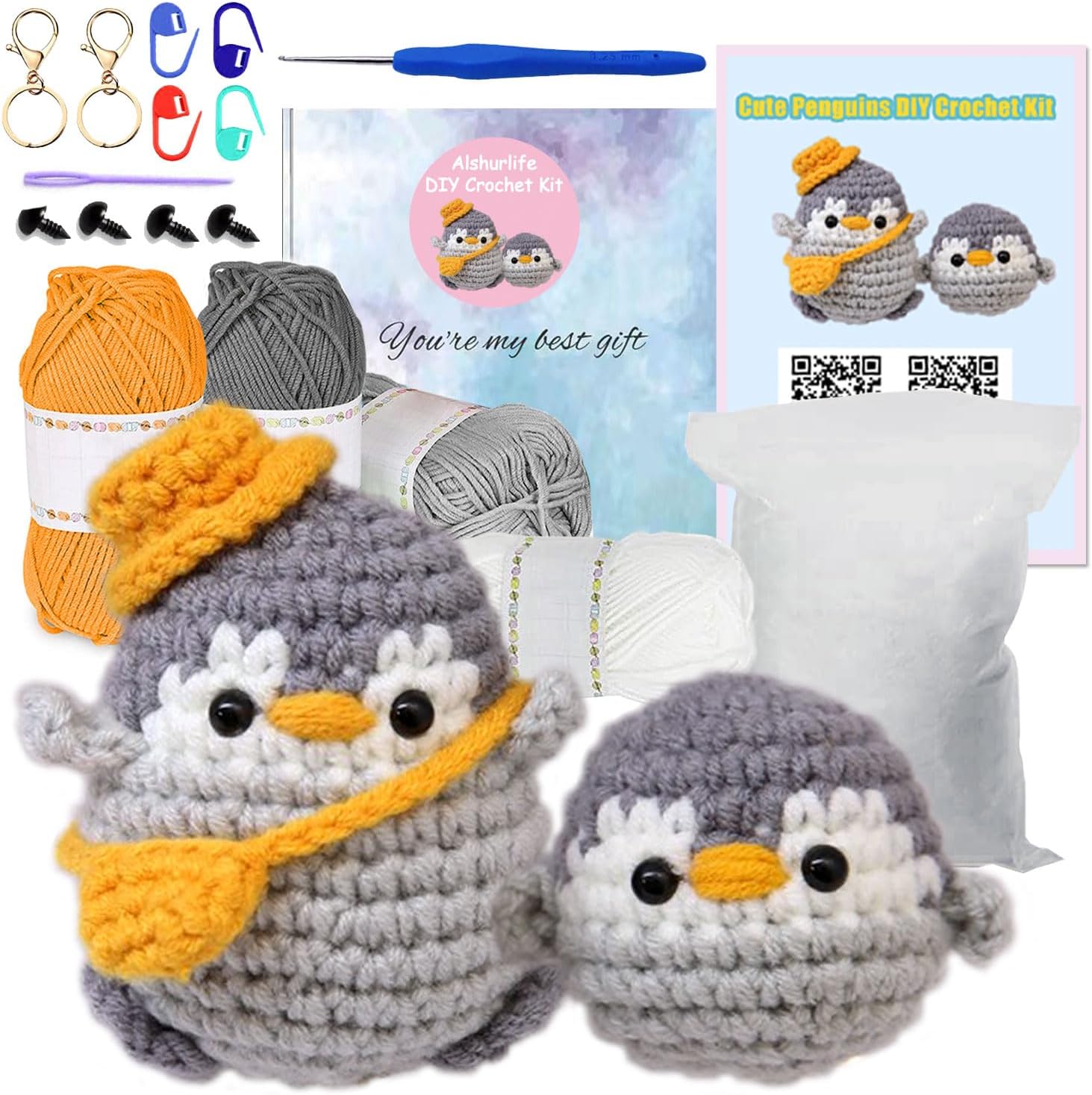 Alshurlife Kits de ganchillo para principiantes, juego de 2 pingüinos kit de punto de ganchillo kit de inicio para principiantes adultos con hilo,