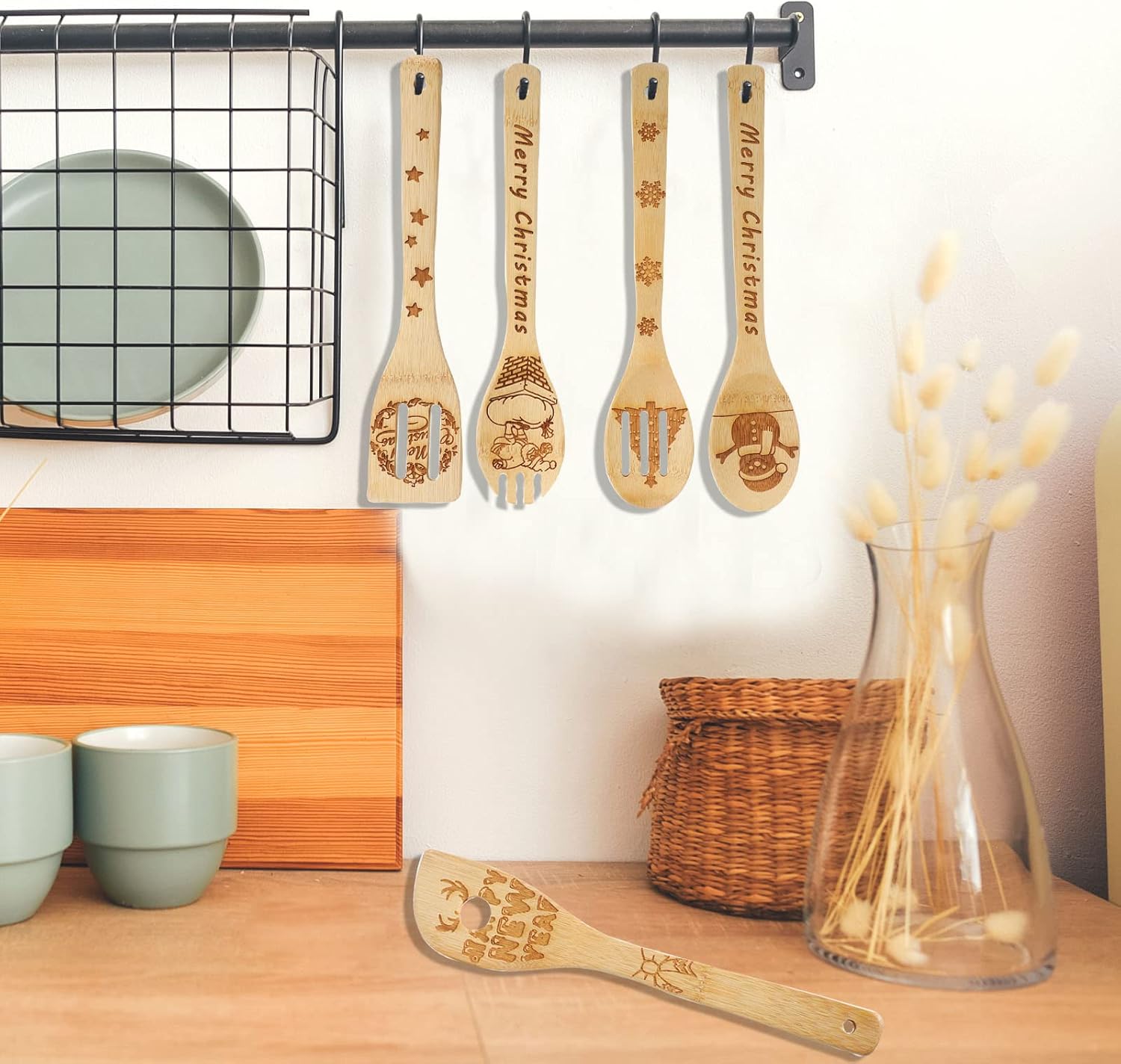 Juego de 5 cucharas de madera de Navidad, utensilios de cocina quemados, cuchara de Navidad, decoración de cocina para regalo de Navidad,