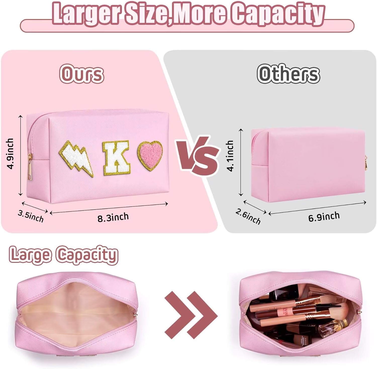 Bolsa de maquillaje preppy con inicial, regalo personalizado para mujeres, Rosado, Small (3