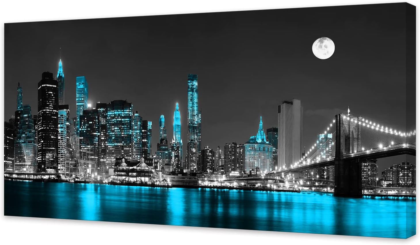 Jiuqinghua Lienzo decorativo para pared, 1 panel, negro, blanco y azul, puente de Brooklyn, paisaje urbano, paisaje nocturno, pintura para cocina,