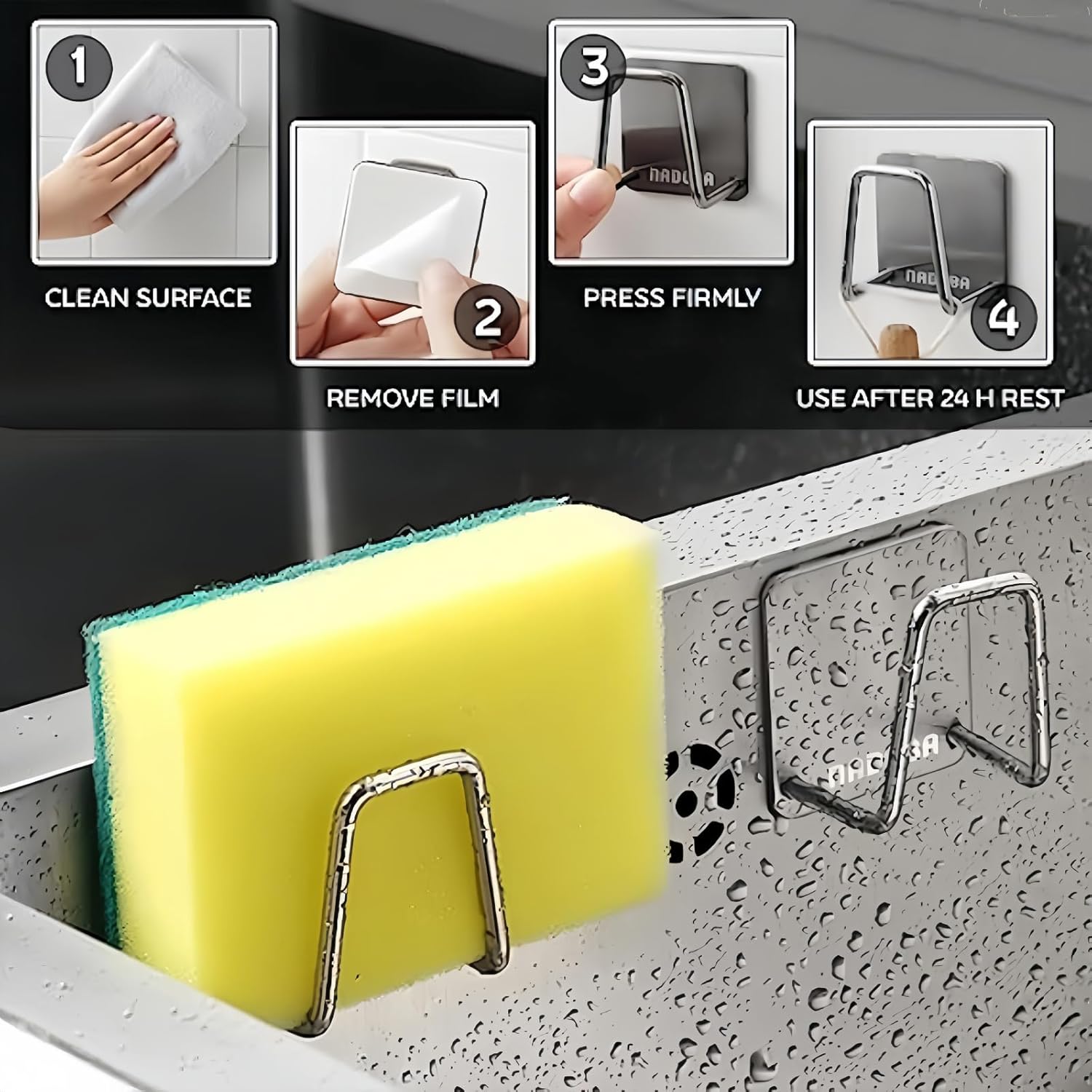 Soporte adhesivo para esponja para fregadero de cocina, sin perforaciones, accesorios de cocina, colgador pegajoso, organizador de fregadero, gancho