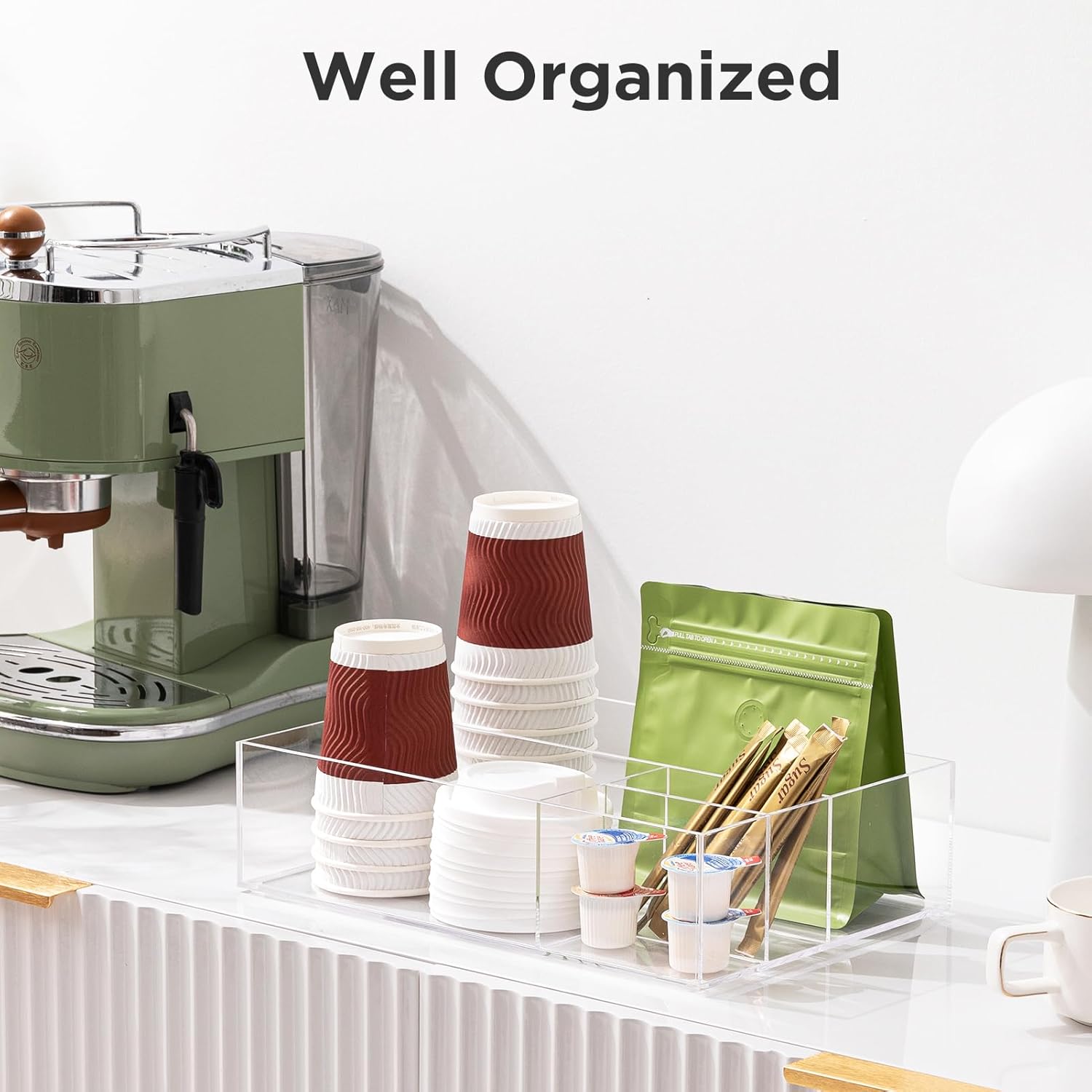 Organizador de estación de café de acrílico para encimera, organizador de almacenamiento de condimentos de café y té con 4 compartimentos,