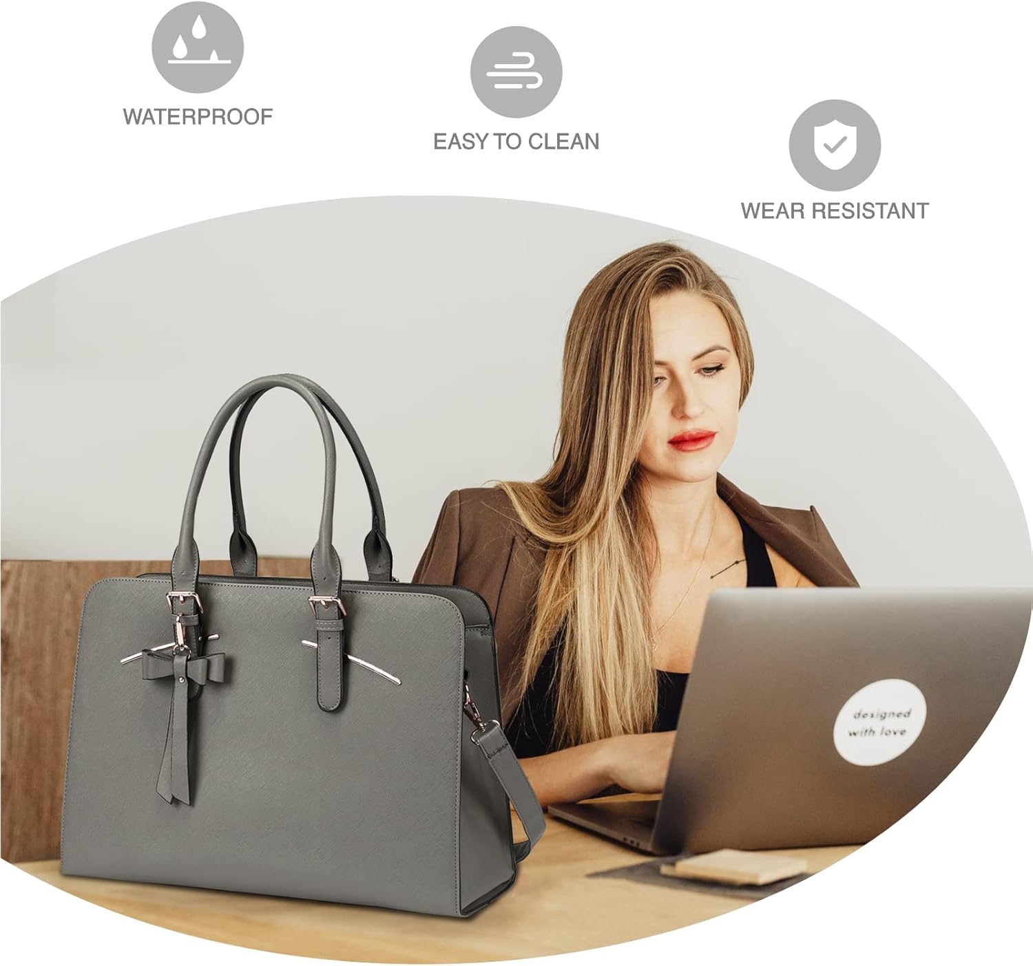 TOPDesign Bolsa para laptop para mujer, maletín de trabajo de piel sintética impermeable para computadora de 15.6 pulgadas, bolsa de hombro grande,