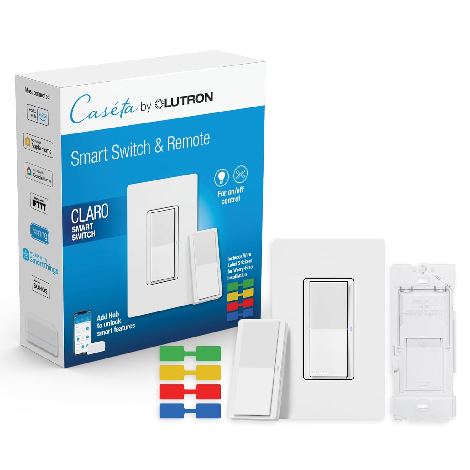 Lutron Claro – Kit de interruptor inteligente de 3 vías con control remoto Pico Paddle y etiquetas adhesivas de alambre, funciona con Alexa, Apple