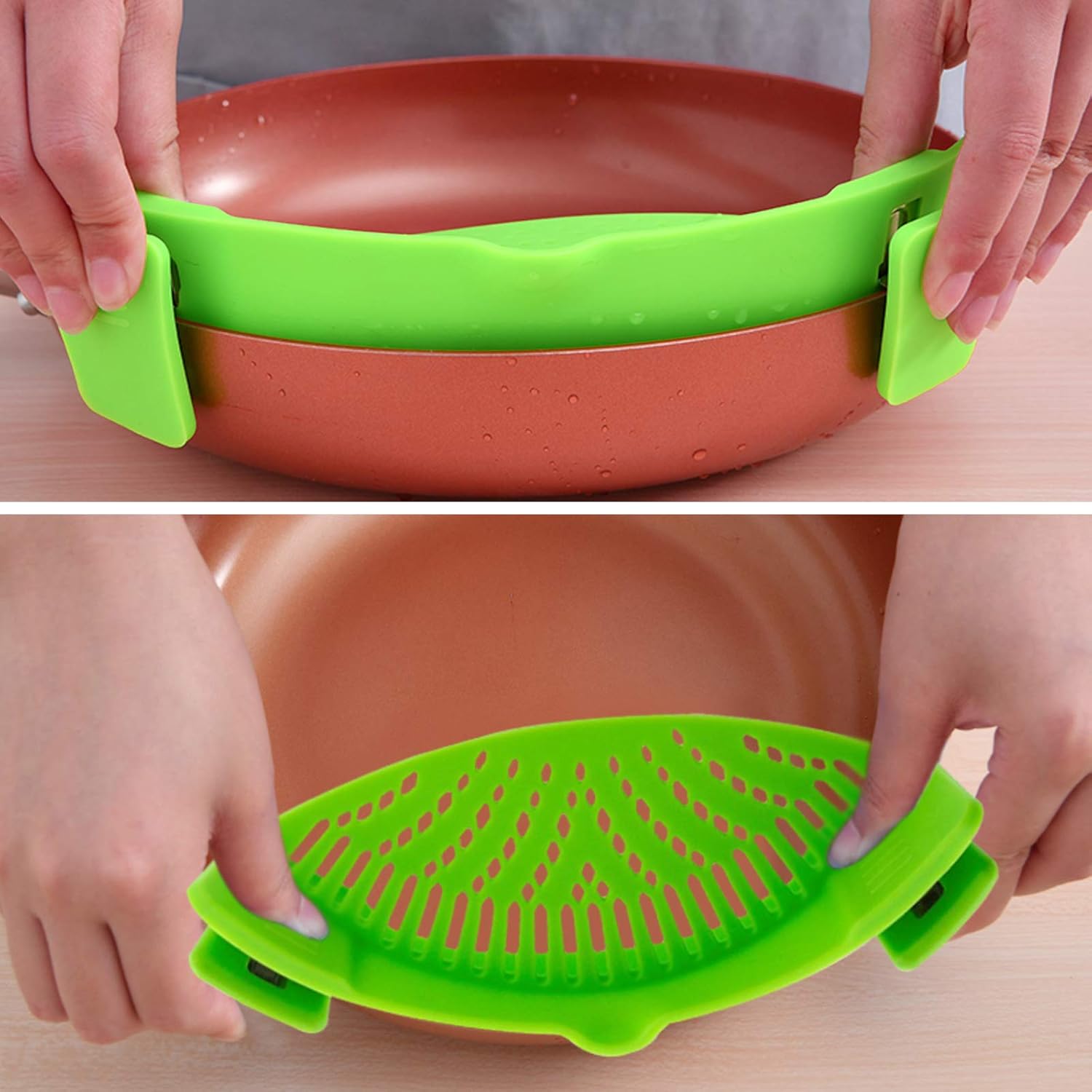 findTop – Juego de 4, colador a presión y salvamanteles de silicona plegables antideslizantes, con clip resistente al calor, boquilla de vertido y