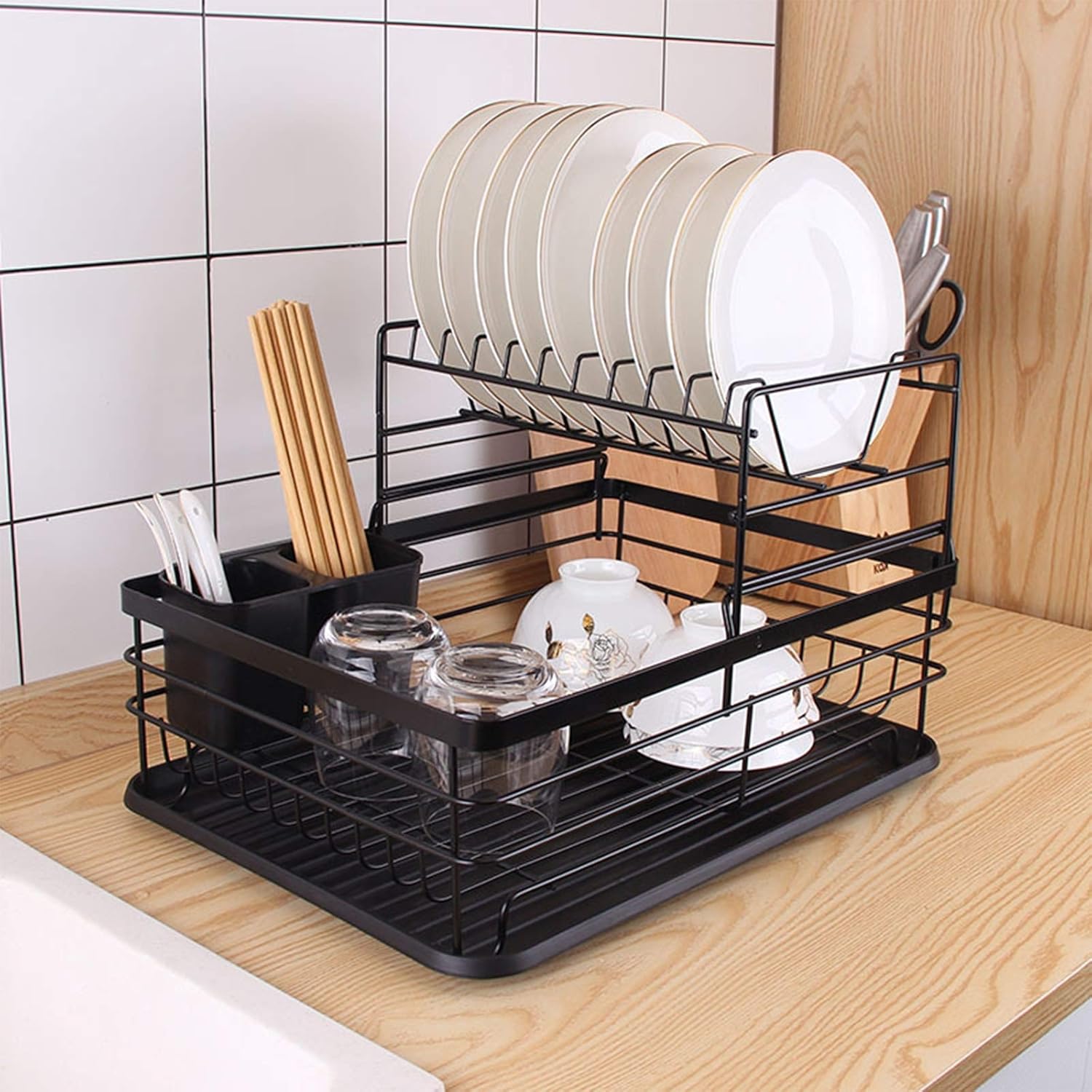 Estante de secado de platos, 2 estantes de secado de platos con soporte para utensilios a prueba de polvo, escurridor de platos y escurridor para