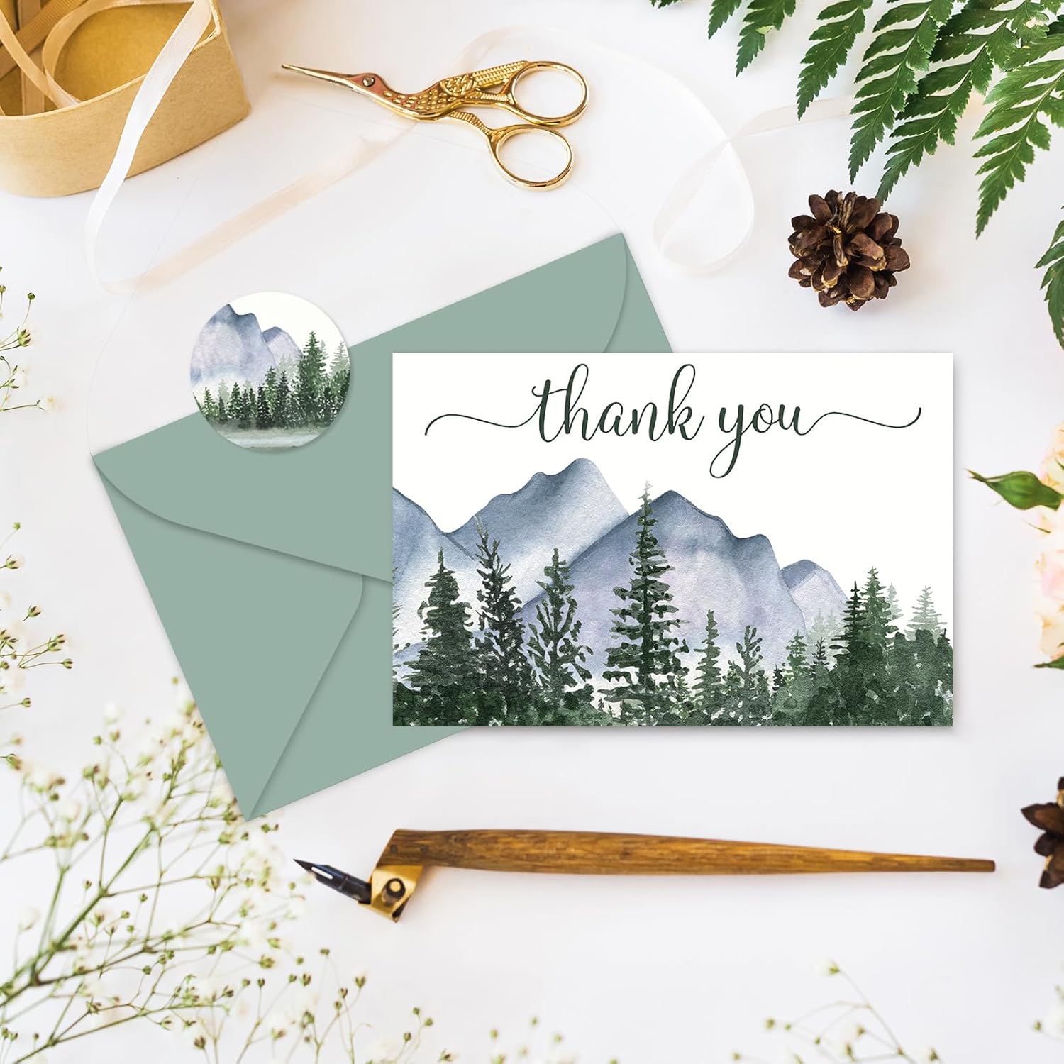 AnyDesign – 25 tarjetas de felicitación de bosque de acuarela, tarjetas de agradecimiento con sobres y calcomanías adhesivas, tarjeta de regalo en