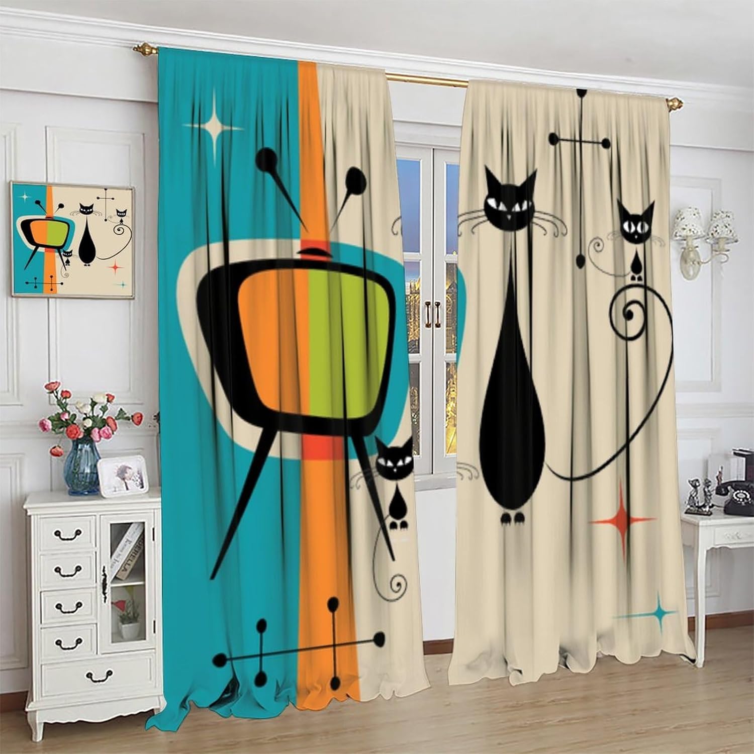 Cortinas de gato de mediados de siglo, diseño geométrico abstracto retro con estrellas atómicas y estrellas atómicas para dormitorio, sala de estar,