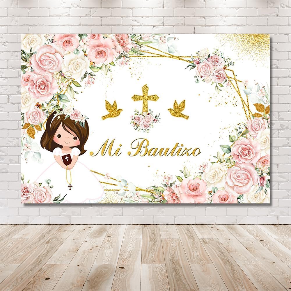 MEHOFOND Telón de fondo bohemio de 8 x 6 pies para bautizo con texto en inglés Mi Bautizo y Dios bendiga para la primera comunión, decoración de