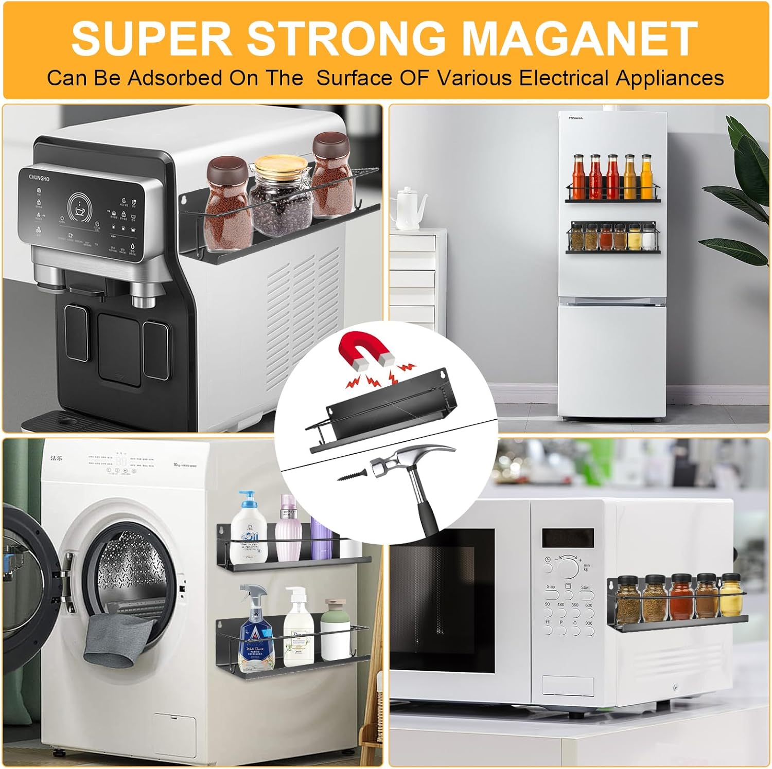 Estante magnético para especias para refrigerador, paquete de 3 estantes magnéticos, organizador magnético móvil para refrigerador con 9 ganchos