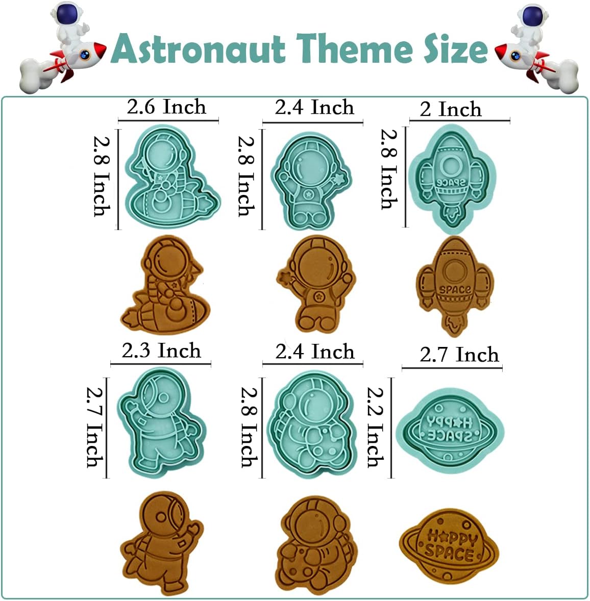 Astronaut – Juego de cortadores de galletas 3D con sellos de émbolo, 6 piezas de cortadores de galletas prensables de dibujos animados con forma