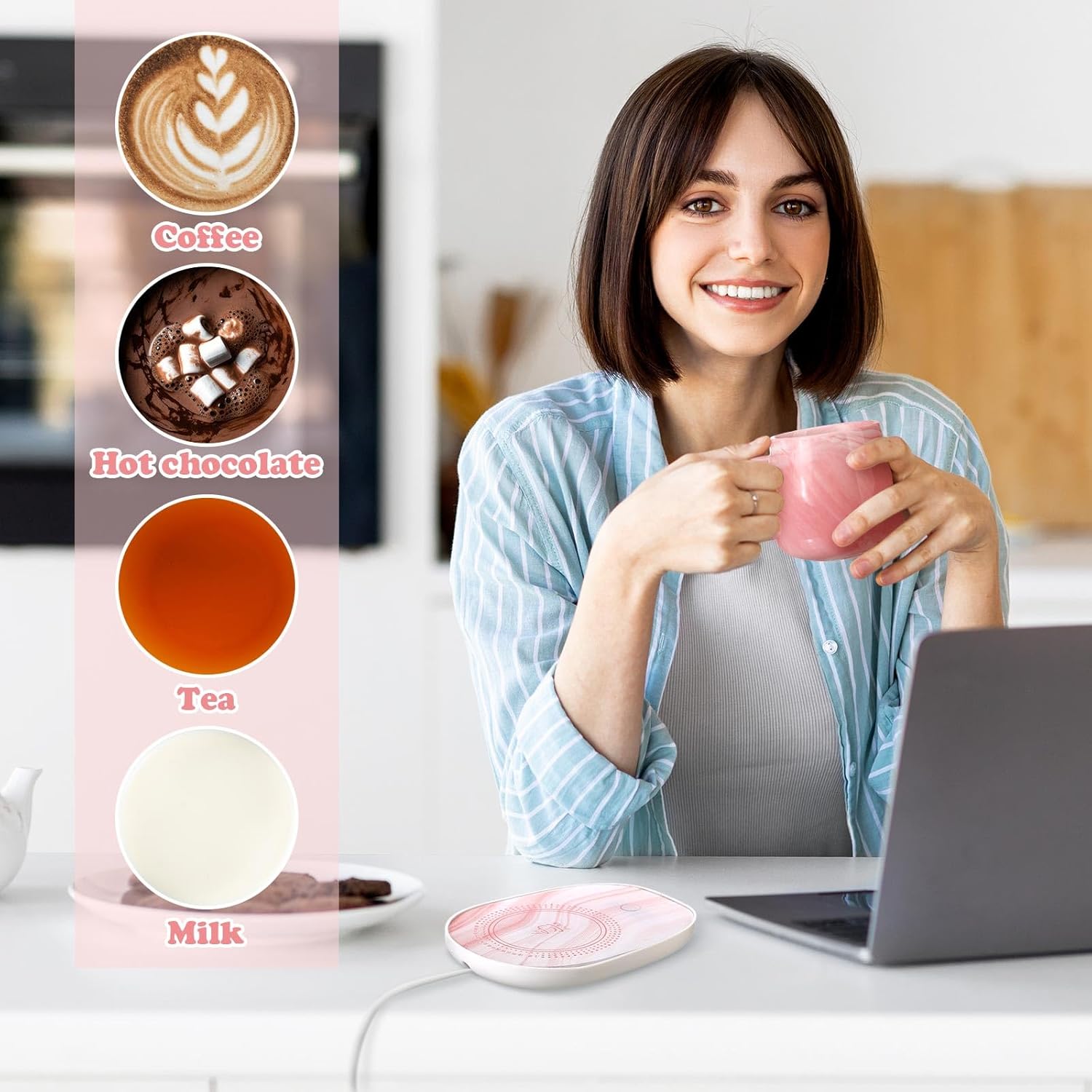 Regalos cristianos, calentador de café con versículo bíblico con taza para mujer, taza de mármol rosa, plato de calentamiento, regalo de cumpleaños,