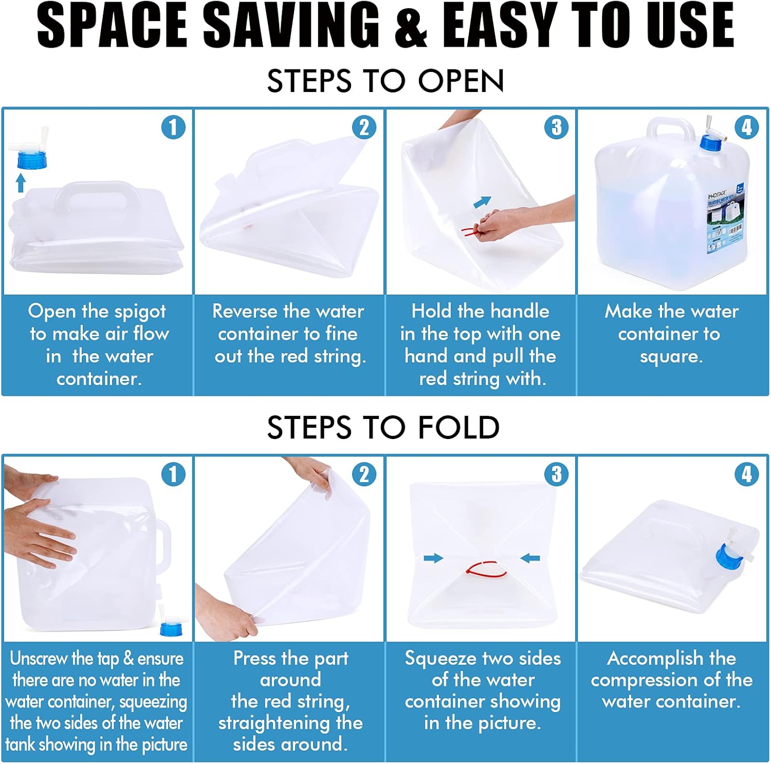 INNO STAGE Contenedor de agua plegable de 2.6 galones con espita, cantina de agua plegable, jarra portátil de almacenamiento de agua para acampar al