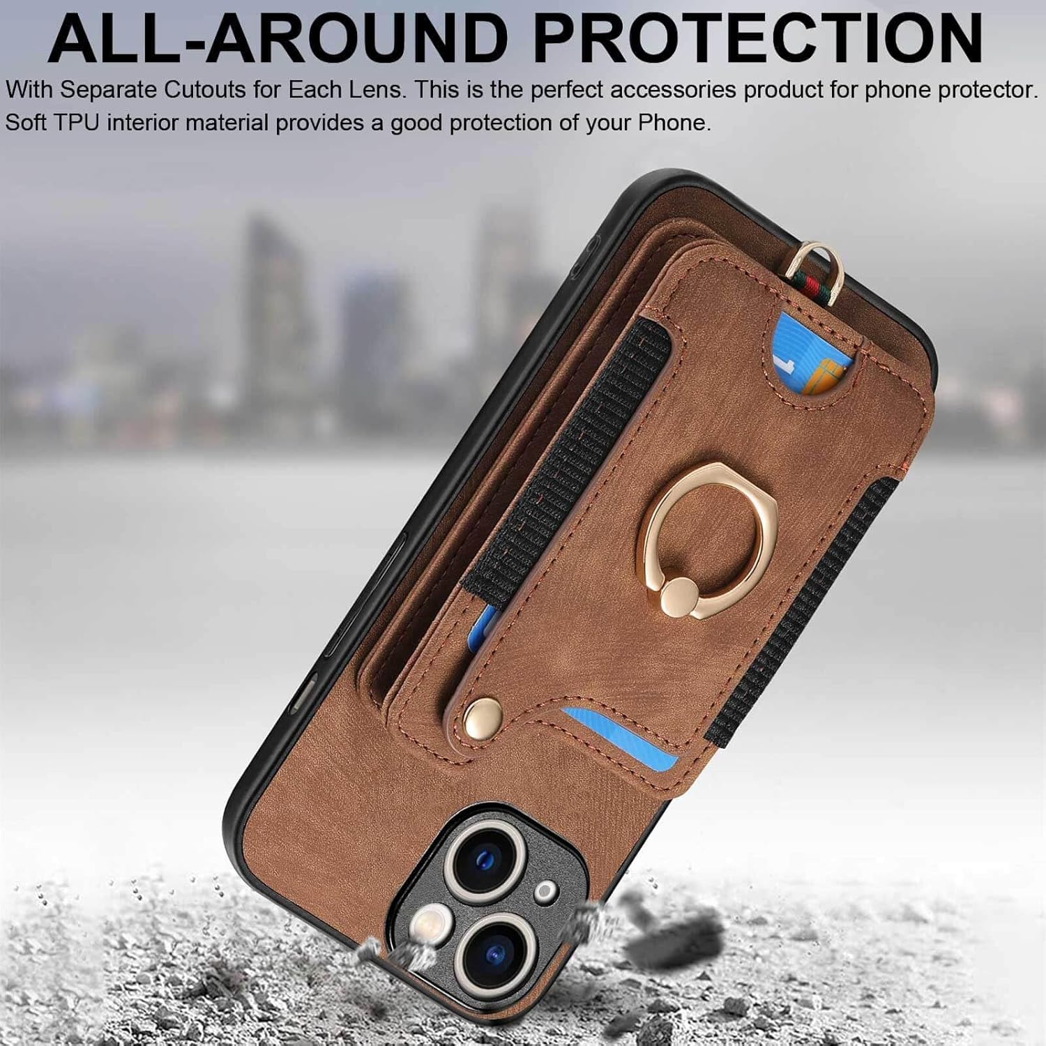 JanCalm Funda con tarjetero para iPhone 15 Plus, soporte con anillo, bloqueo RFID, protector de cámara, correa protectora magnética de cuero para